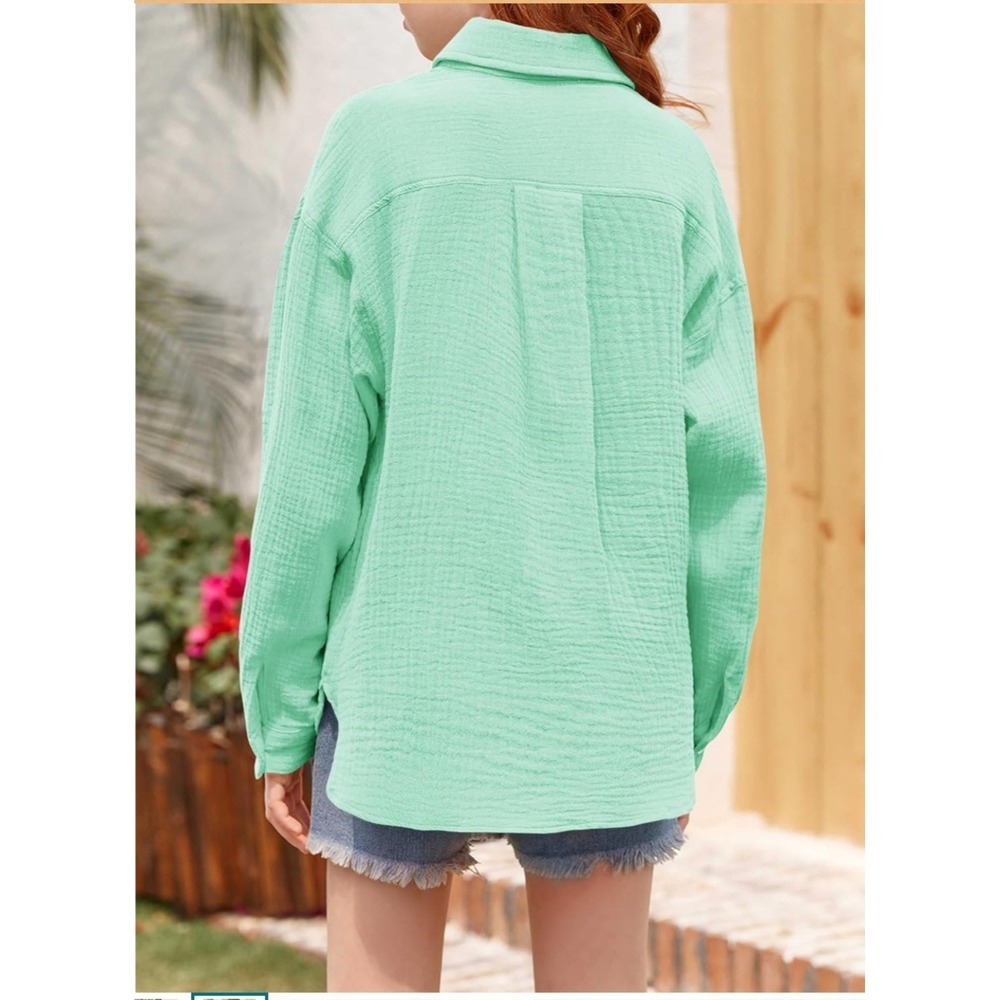 Turquoise Button Down Girls Casual Shirt, Pockets Light Weight To Up Cuff - Picture 2 of 2